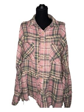 Oli & Hali Plaid Distressed Button Down Shirt in Pink and Gray